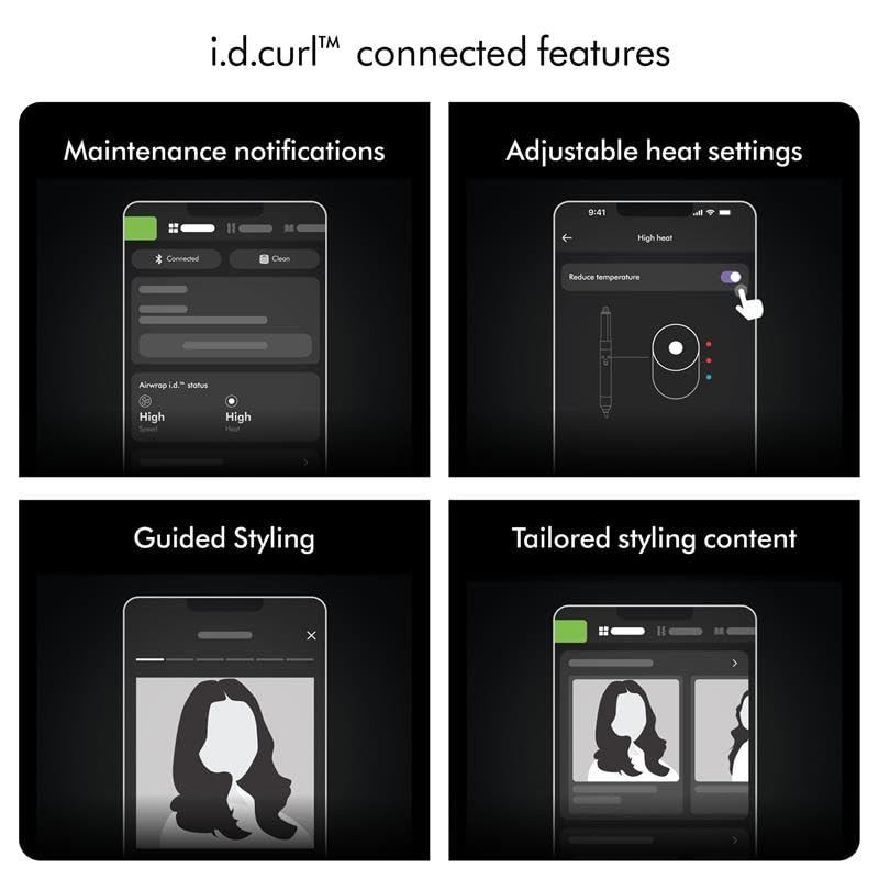 Dyson Airwrap i.d. 533801-01 i.d.curl connected features: maintenance notifications, adjustable heat settings, guided styling and tailored content