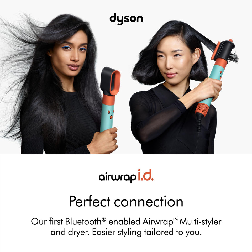 Two women styling their hair with the Dyson Airwrap i.d. 533801-01, one holding the Fast dryer and the other the Dryer+ Flyaway smoother