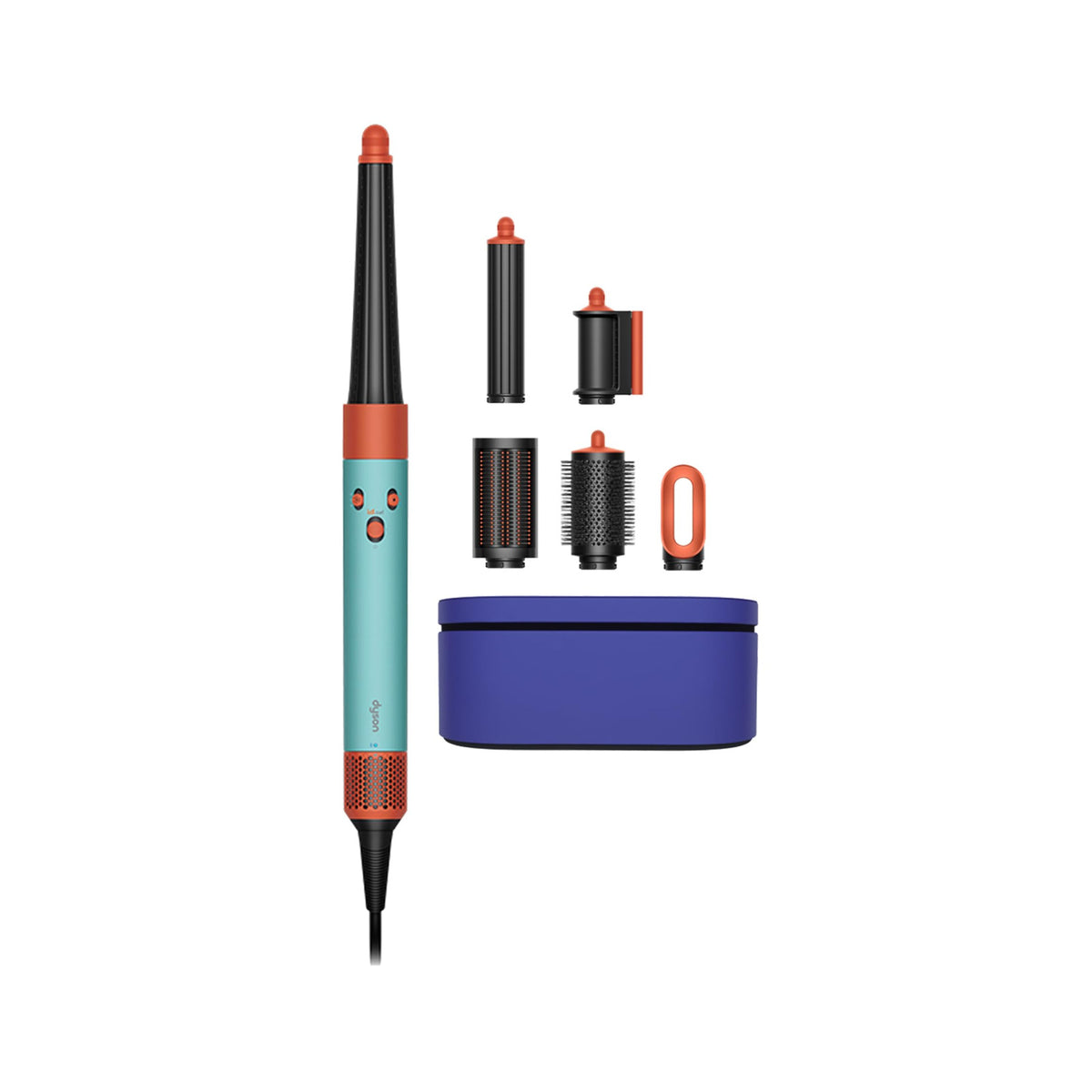 Dyson Airwrap i.d. 533801-01 multi-styler in Ceramic Patina / Topaz with its six attachments and blue presentation case