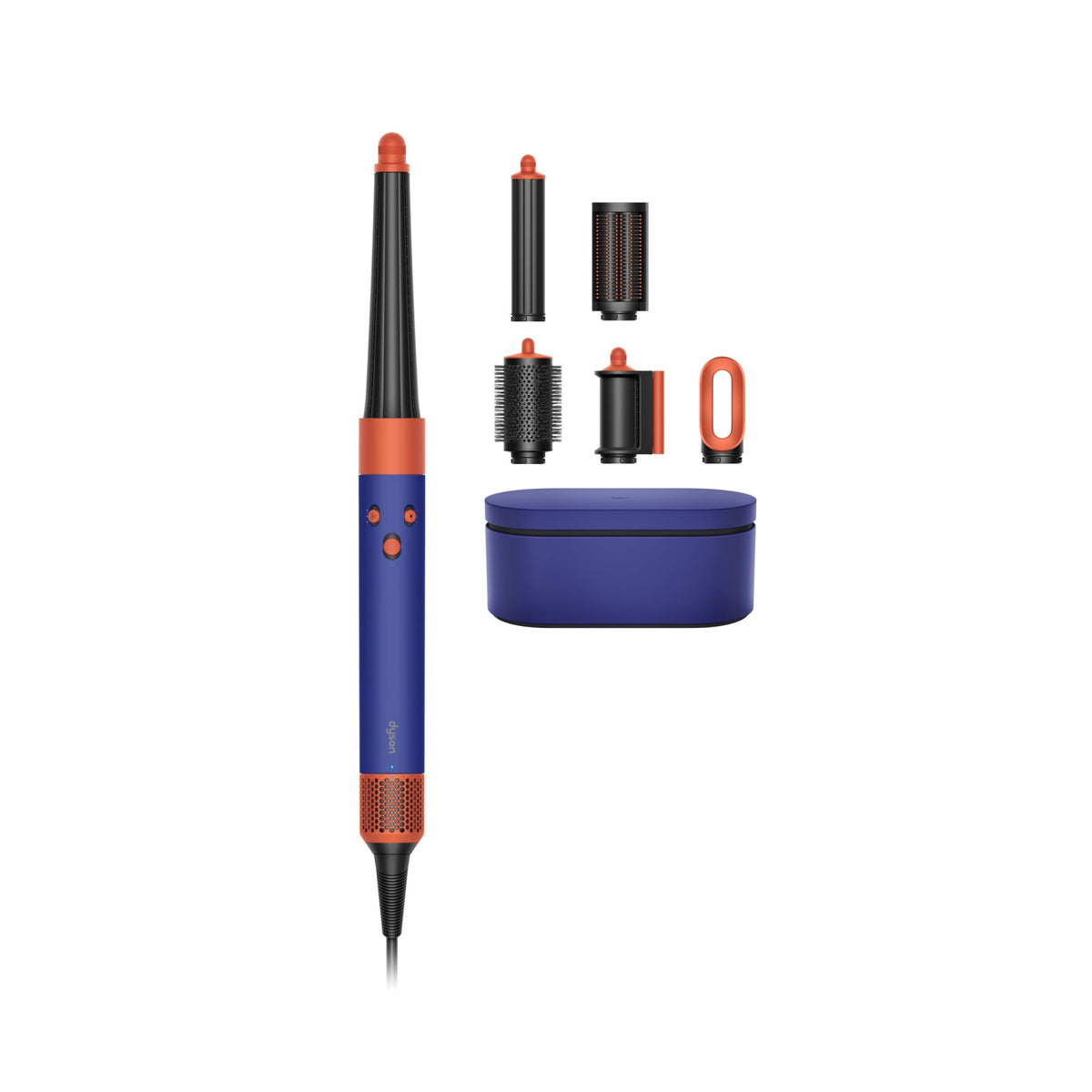 Dyson Airwrap i.d. 533818-01 Vinca Blue/Topaz styler with six attachments and presentation case on white background