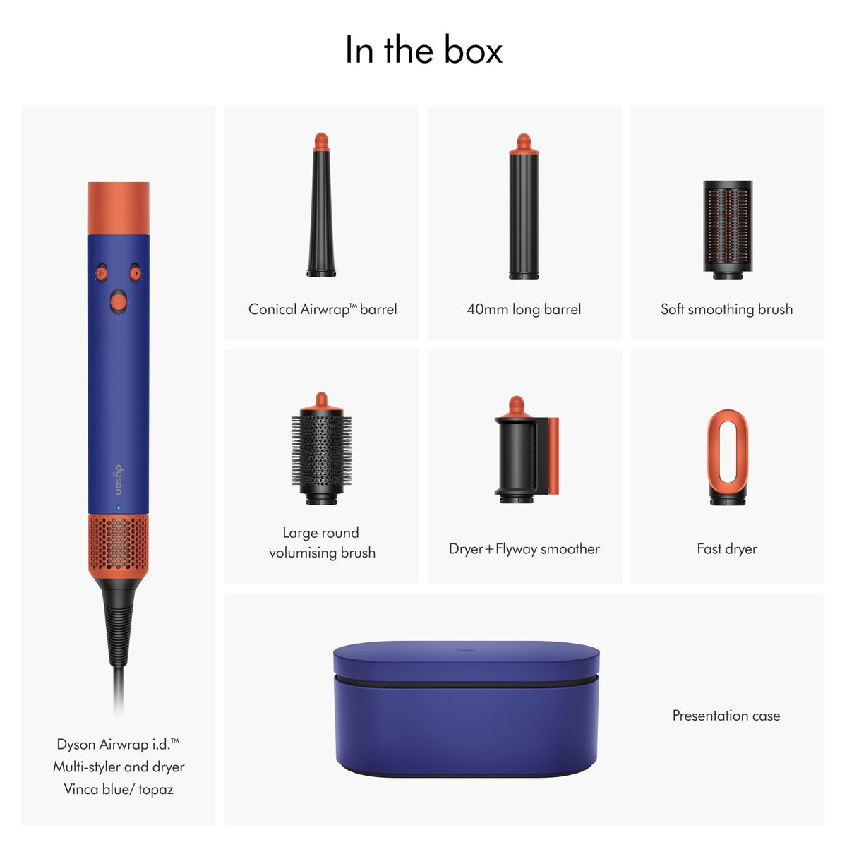 Dyson Airwrap i.d. 533818-01 in the box: styler, Conical barrel, 40mm long barrel, smoothing brush, round brush, Flyway smoother, fast dryer and case