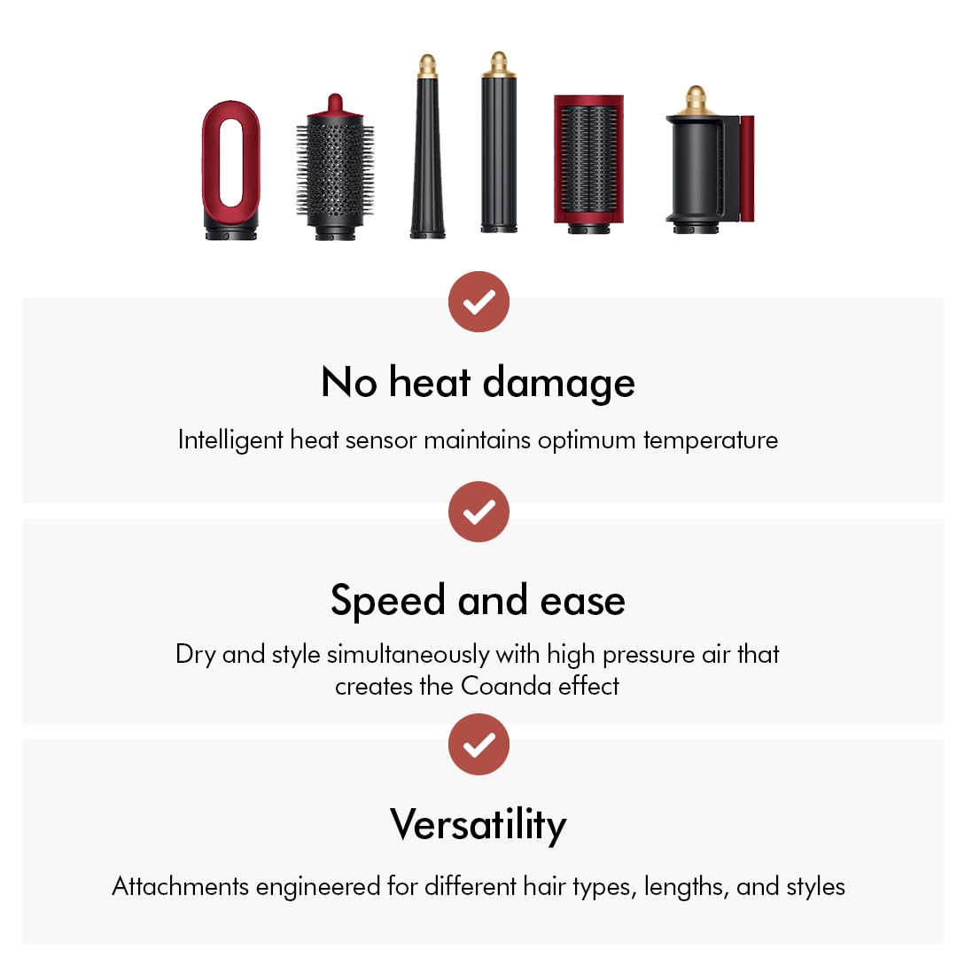 Dyson Airwrap i.d. 596927-01 six attachments with notes on heat sensor, Coanda effect and versatility