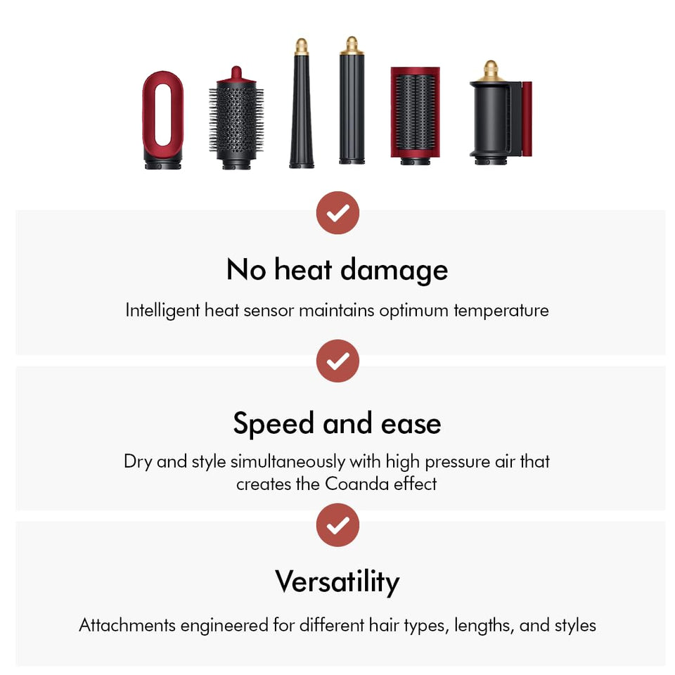 Dyson Airwrap i.d. 596927-01 six attachments with notes on heat sensor, Coanda effect and versatility