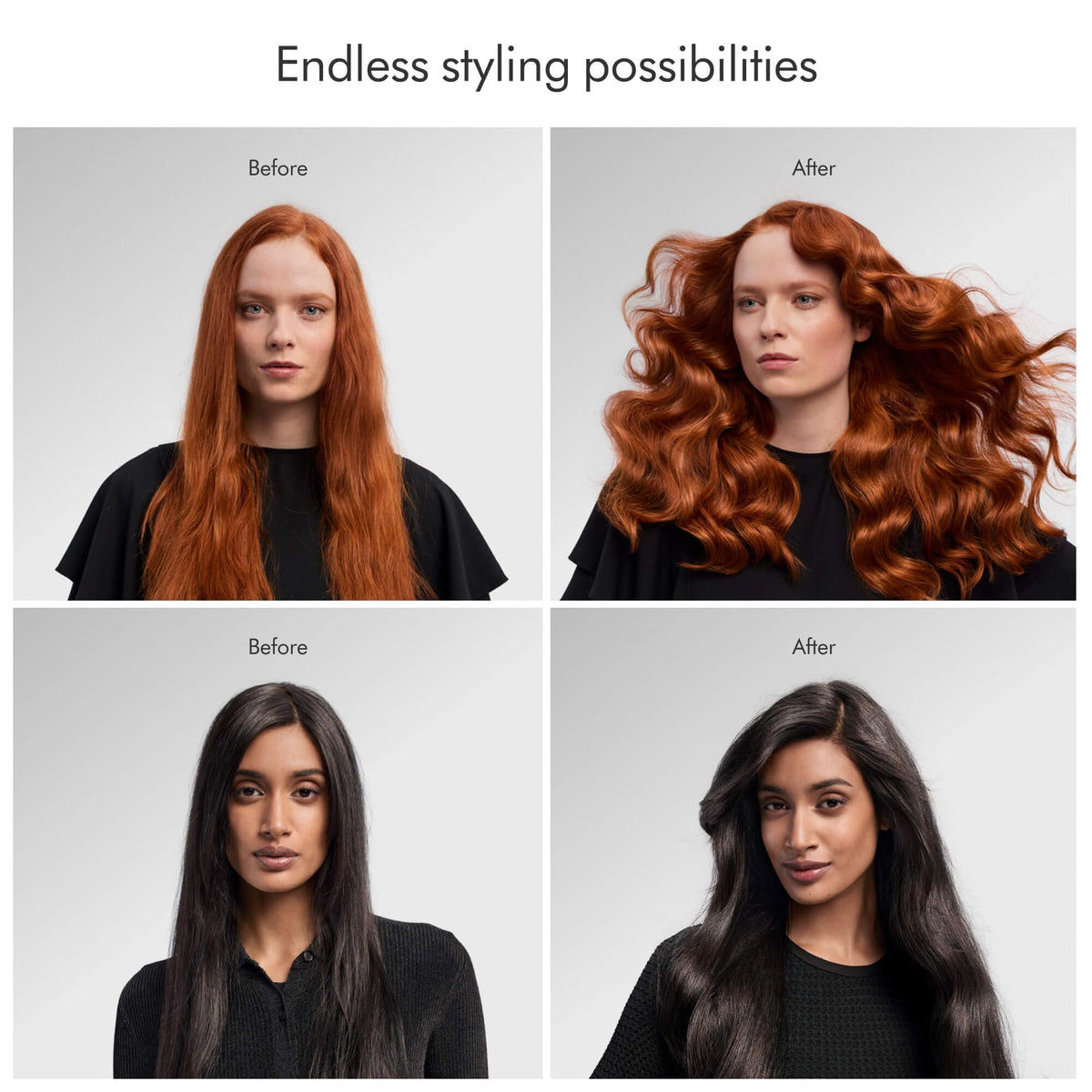 Before and after photos of two women with Dyson Airwrap i.d. styled hair showing waves and sleek smoothness