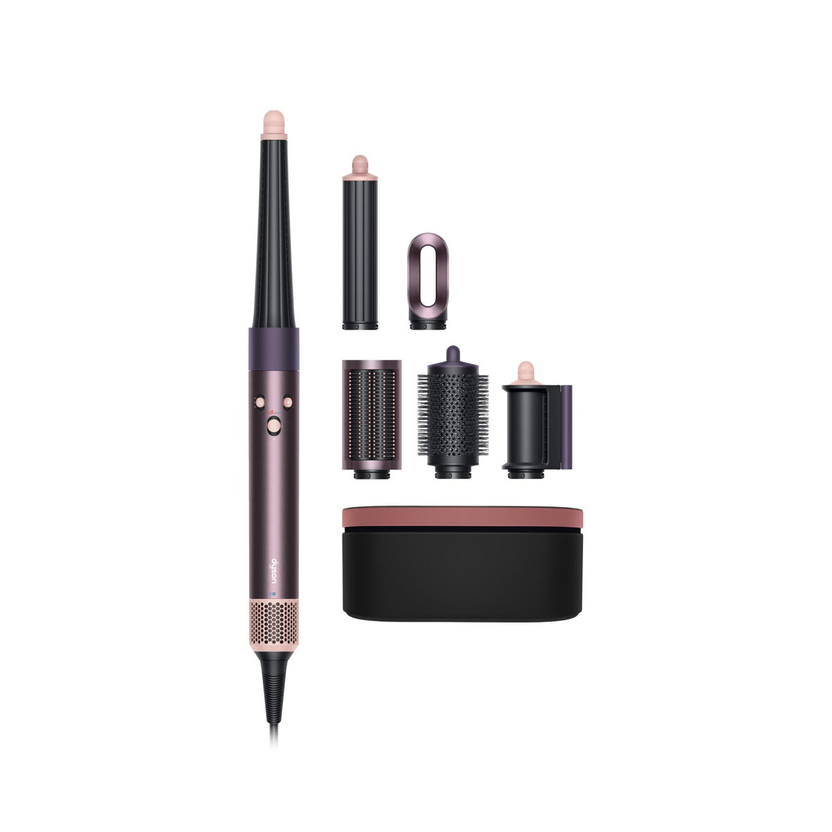 Dyson Airwrap i.d. 599032-01 Jasper Plum styler with five attachments and presentation case on white background