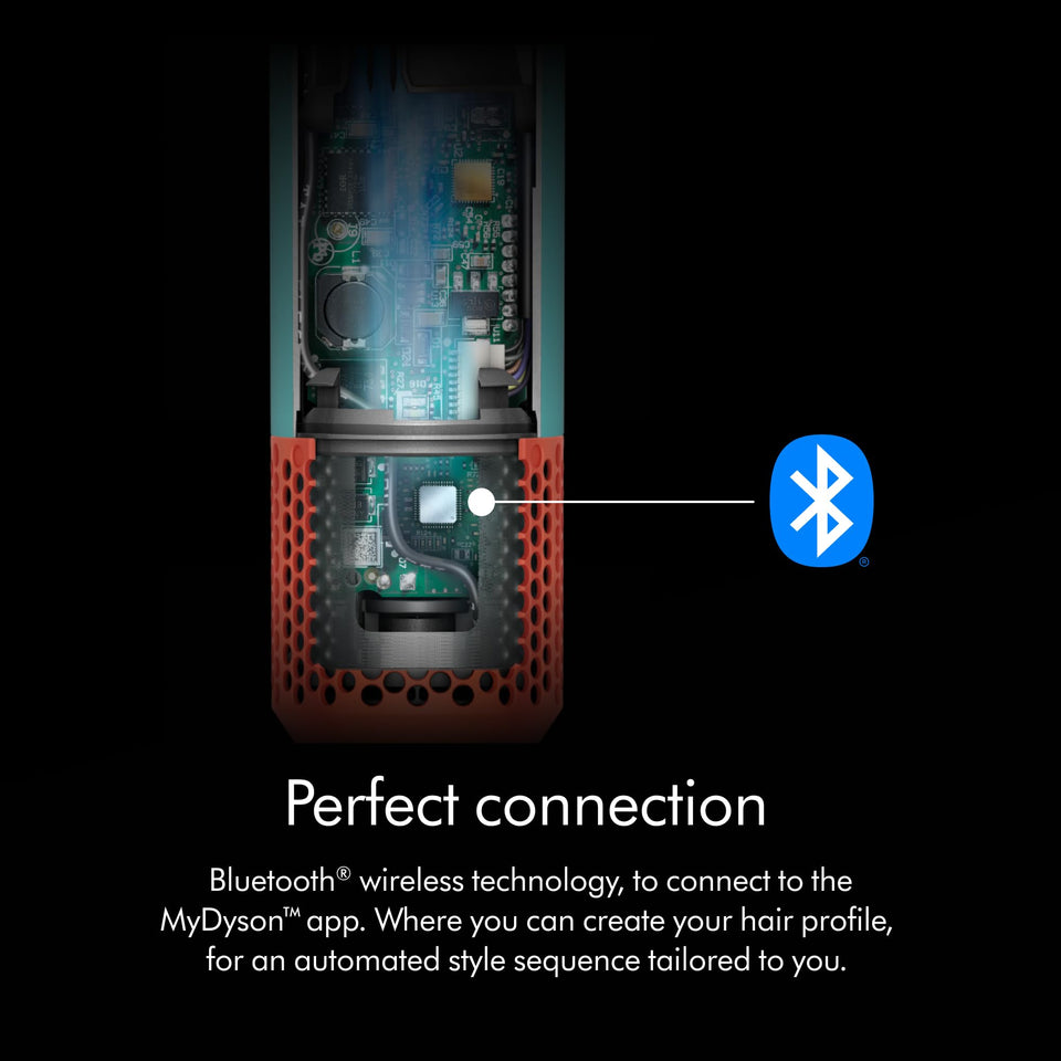 Cutaway of Dyson Airwrap i.d. showing circuit board and Bluetooth symbol for MyDyson app connection