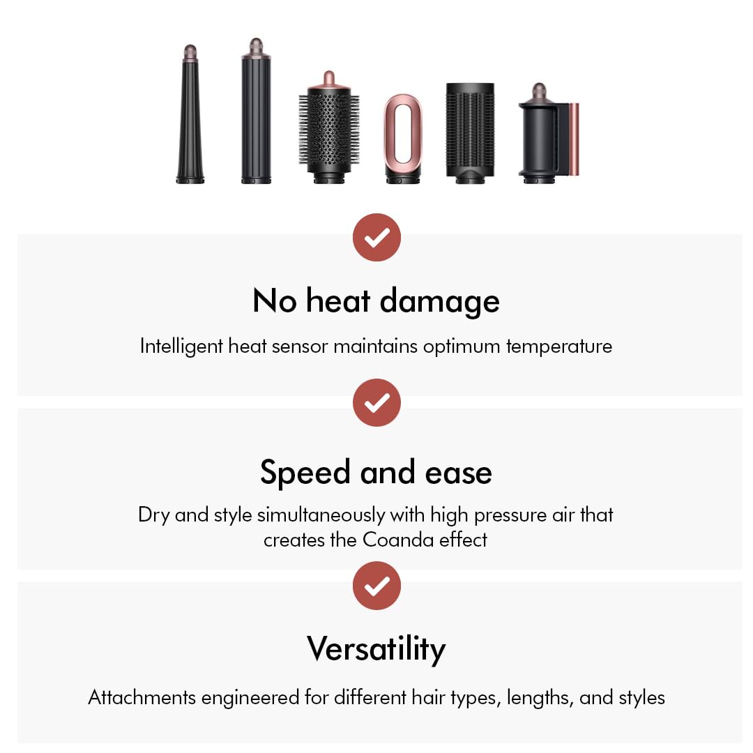 Six Dyson Airwrap i.d. 601904-01 attachments with notes on no heat damage, speed and ease, and versatility