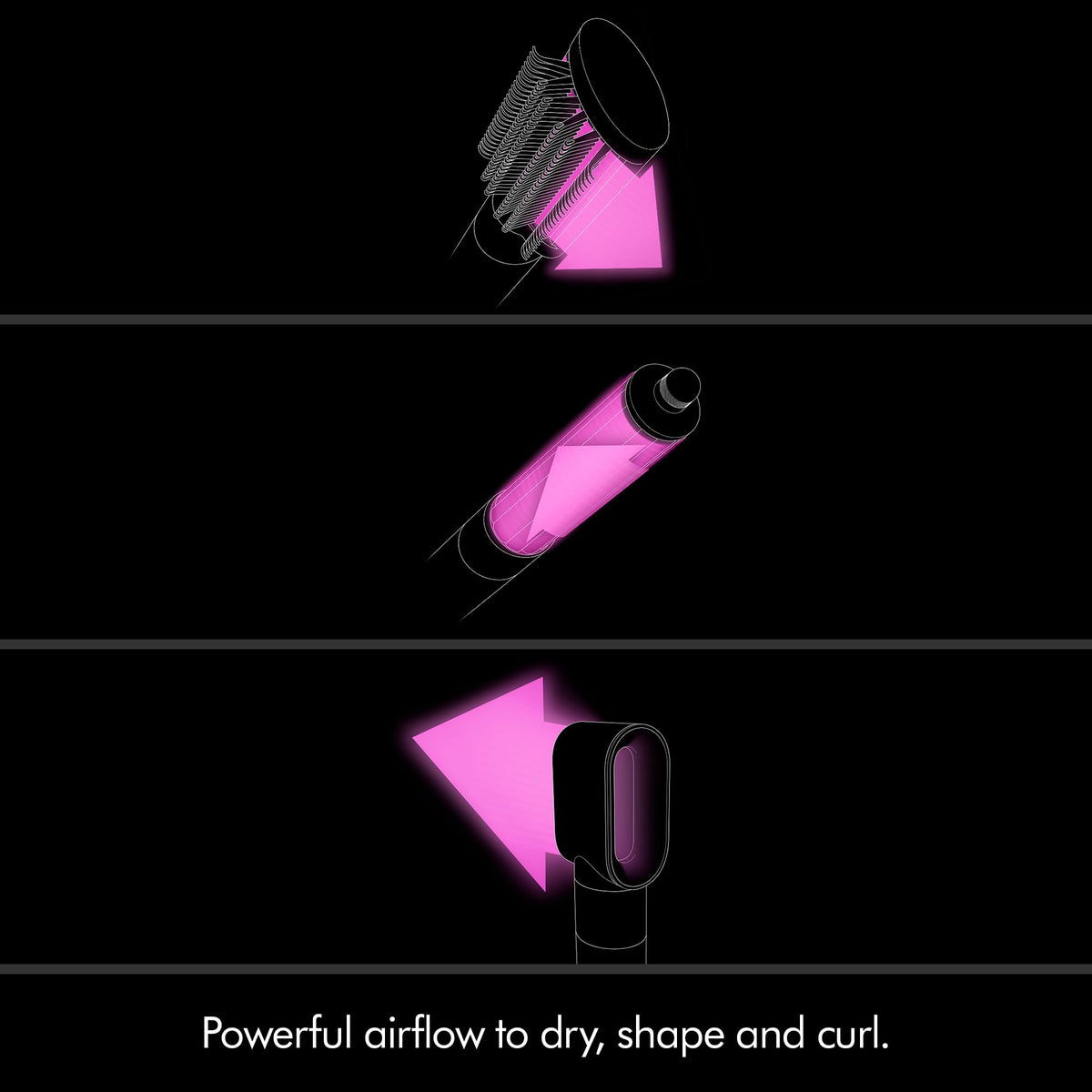 Dyson Airwrap Origin 113162-01 airflow diagram for the brush, barrel and dryer attachments: powerful airflow to dry, shape and curl