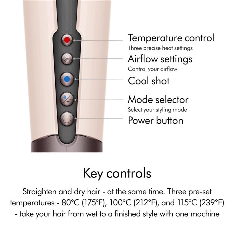 Close-up of Dyson Airstrait 598966-01 controls: temperature, airflow settings, cool shot, mode selector and power button