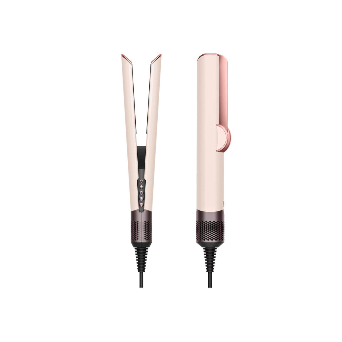 Dyson Airstrait 598966-01 hair straightener in Ceramic Pink/Rose Gold, shown front and side by side