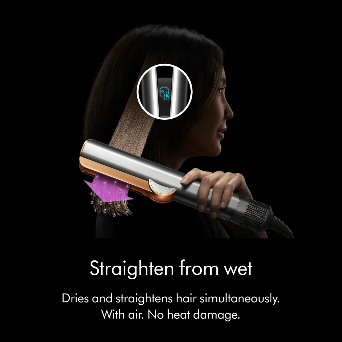 Dyson Airstrait 598966-01 straightening wet hair with an airflow graphic and the text Straighten from wet