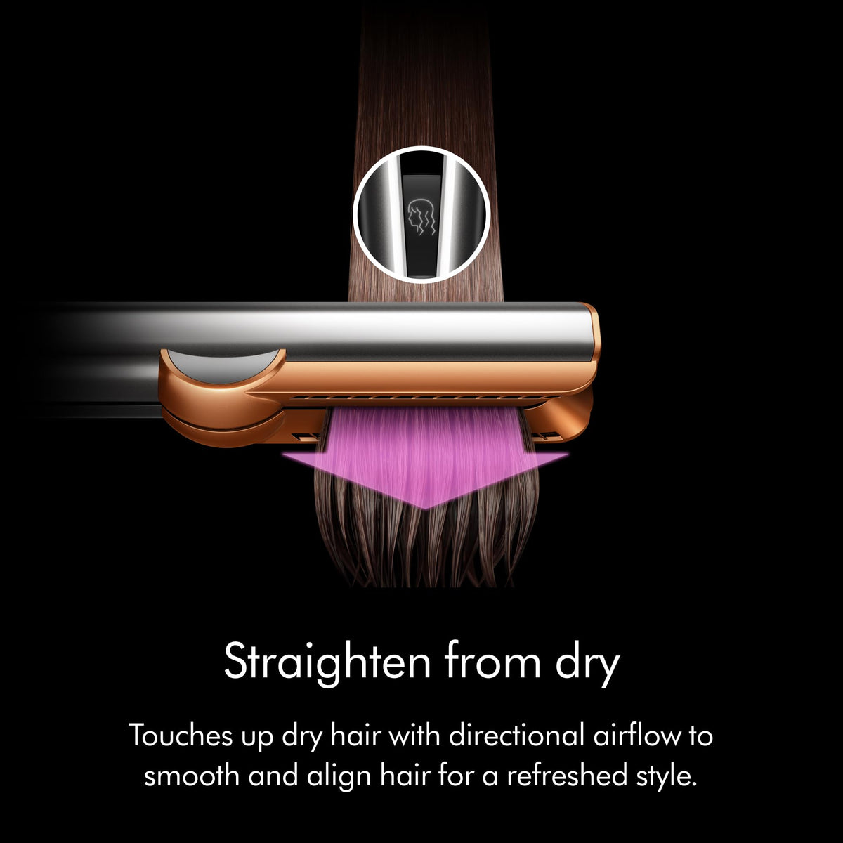 Dyson Airstrait 598966-01 straightening dry hair with directional airflow and the text Straighten from dry