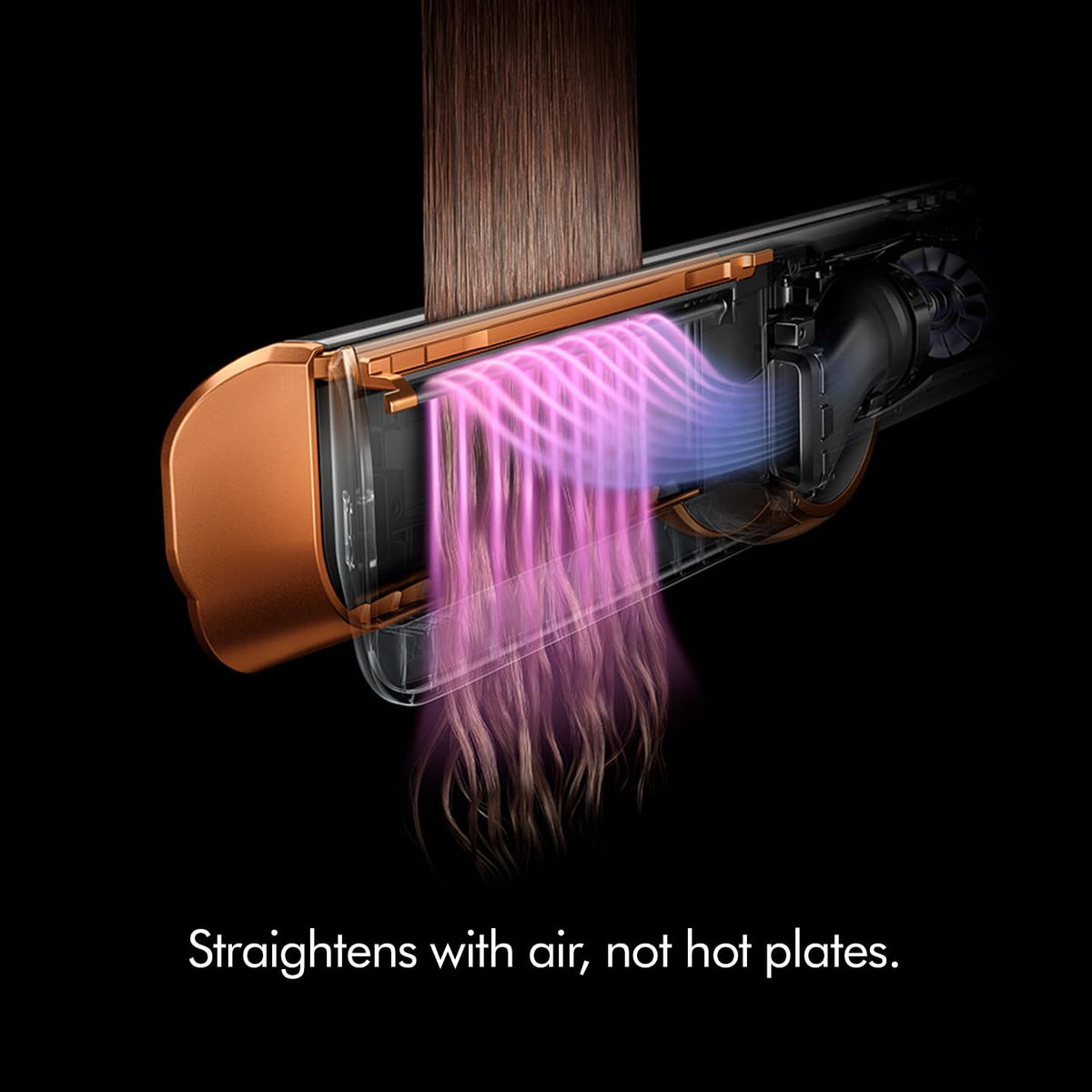 Cutaway view of Dyson Airstrait 408213-01 showing airflow passing through hair, with the text straightens with air, not hot plates