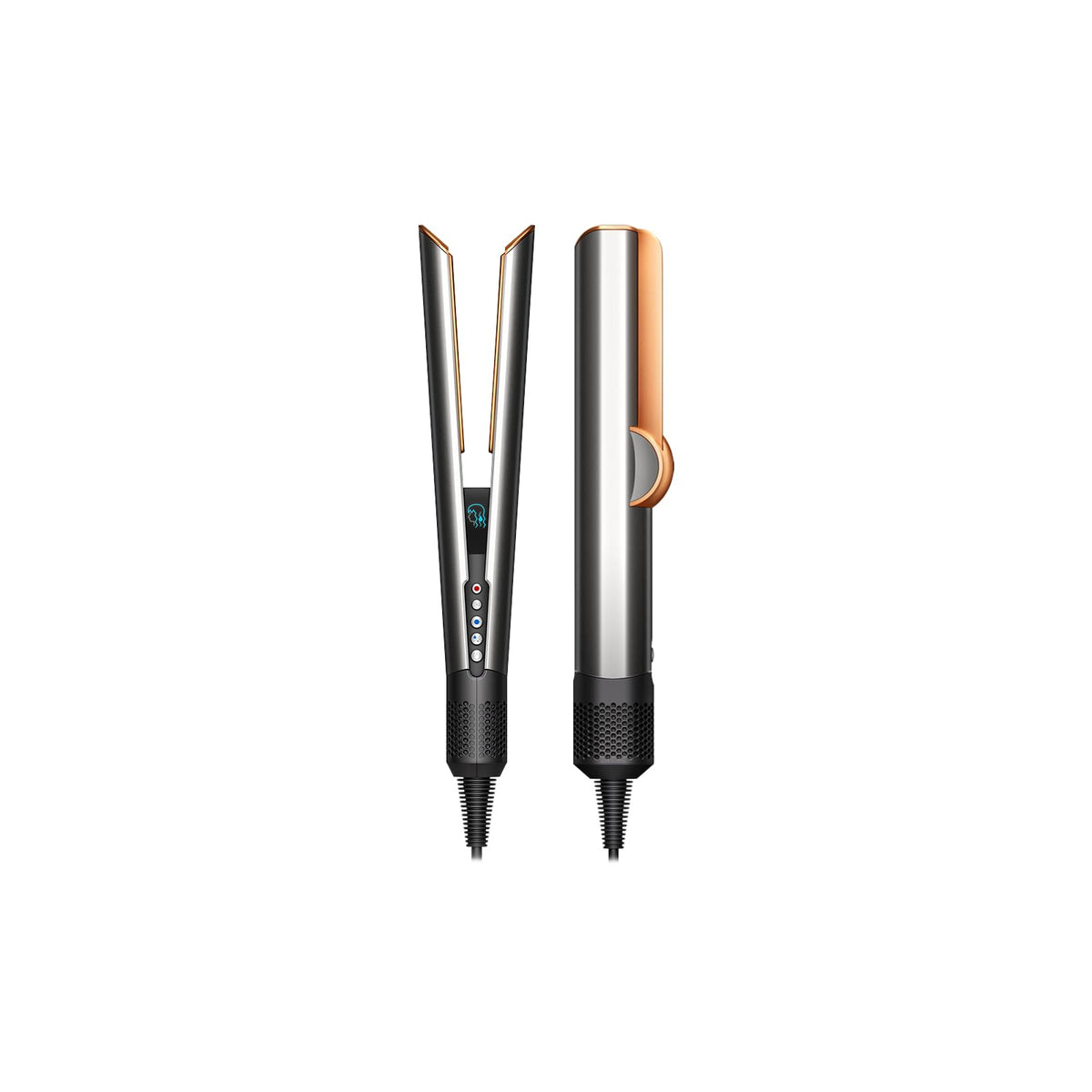 Dyson Airstrait 408213-01 hair straightener in Bright Nickel/Bright Copper, shown open and closed with LCD screen and control buttons