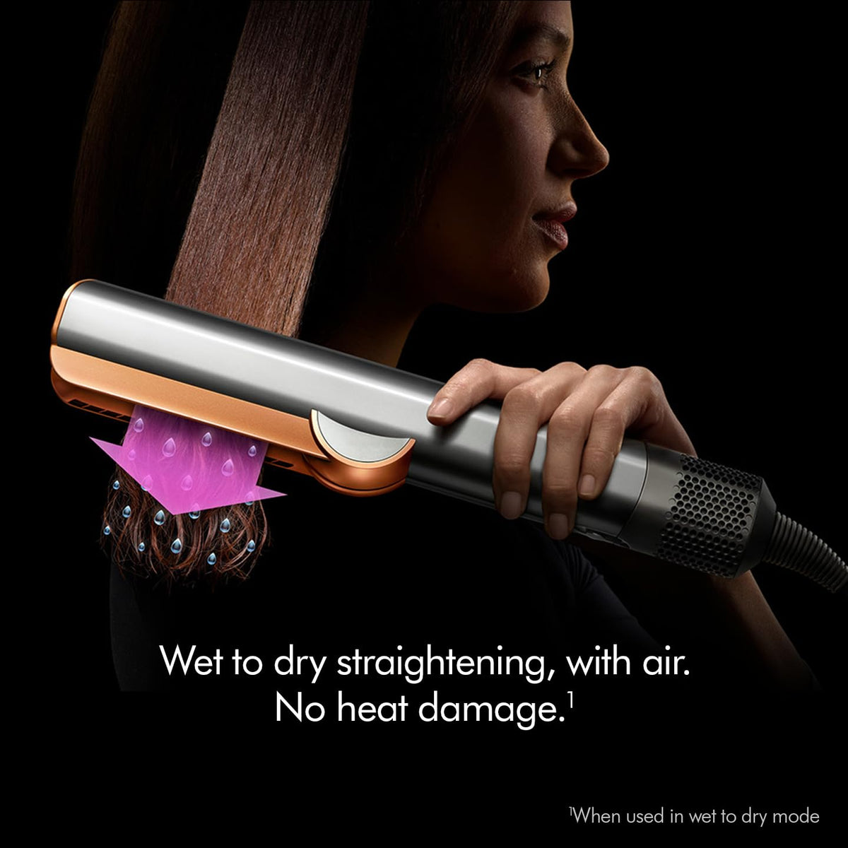 Dyson Airstrait 408213-01 used on wet hair with airflow arrow and the text wet to dry straightening, with air
