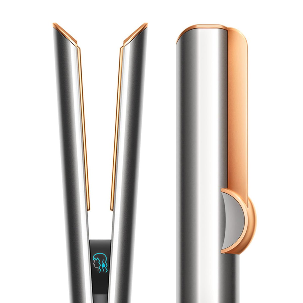 Close-up of Dyson Airstrait 408213-01 straightener arms and LCD display, with the copper-toned outer finish