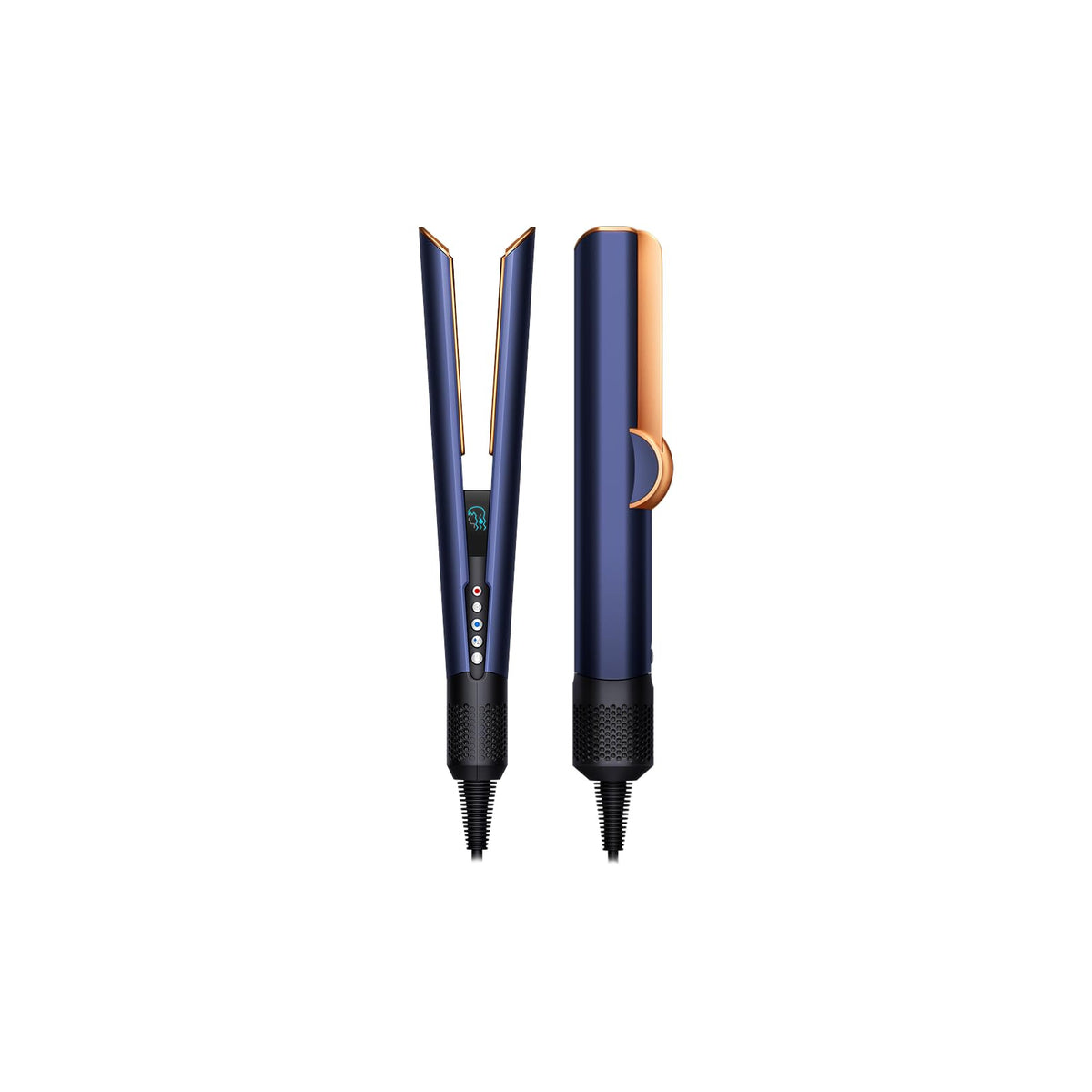 Dyson Airstrait 408235-01 straightener in Persian Blue and copper, shown open from the front and closed from the side