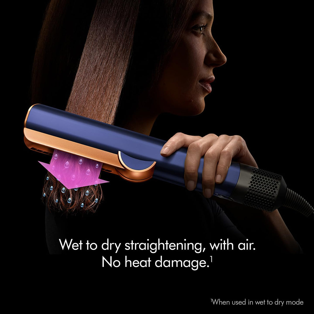 Dyson Airstrait 408235-01 being used on wet hair with airflow illustrated, wet to dry straightening