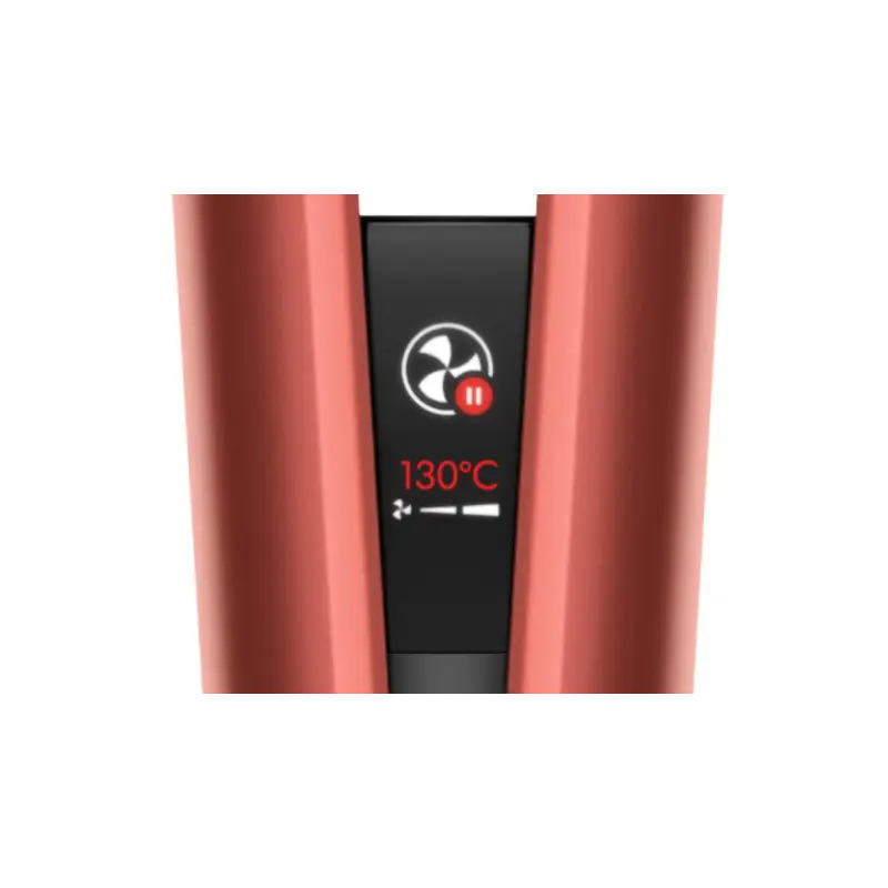 Dyson Airstrait display showing a fan-pause icon and a 130°C temperature setting