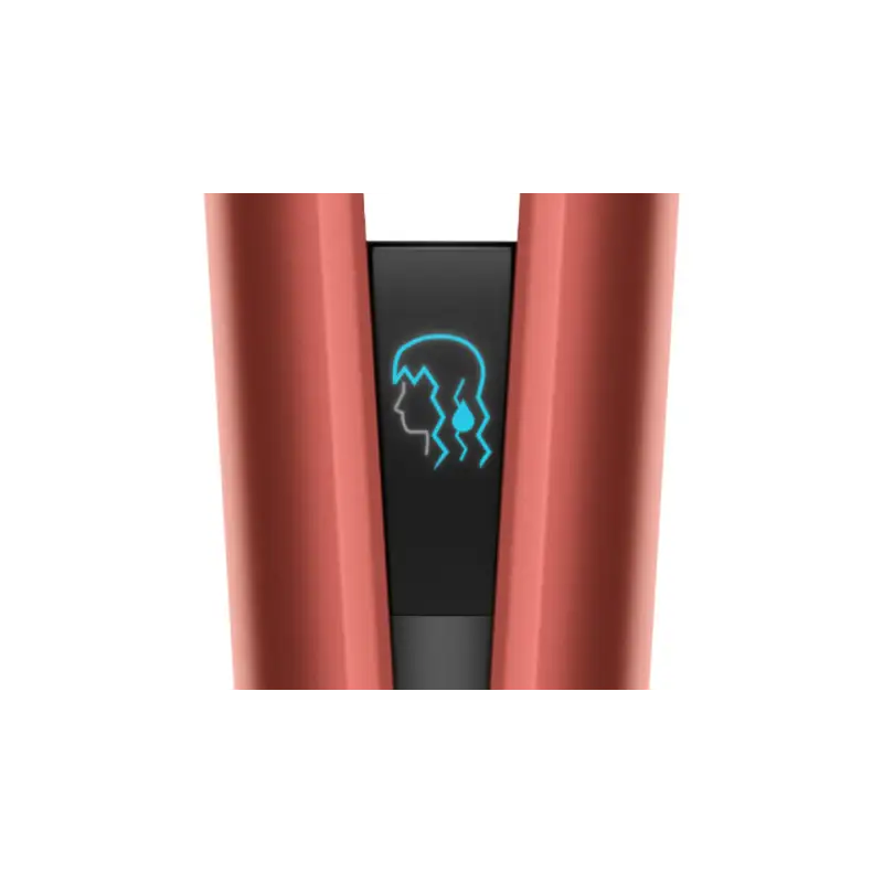 Close-up of the Dyson Airstrait display between the plates showing a head and hair icon in blue