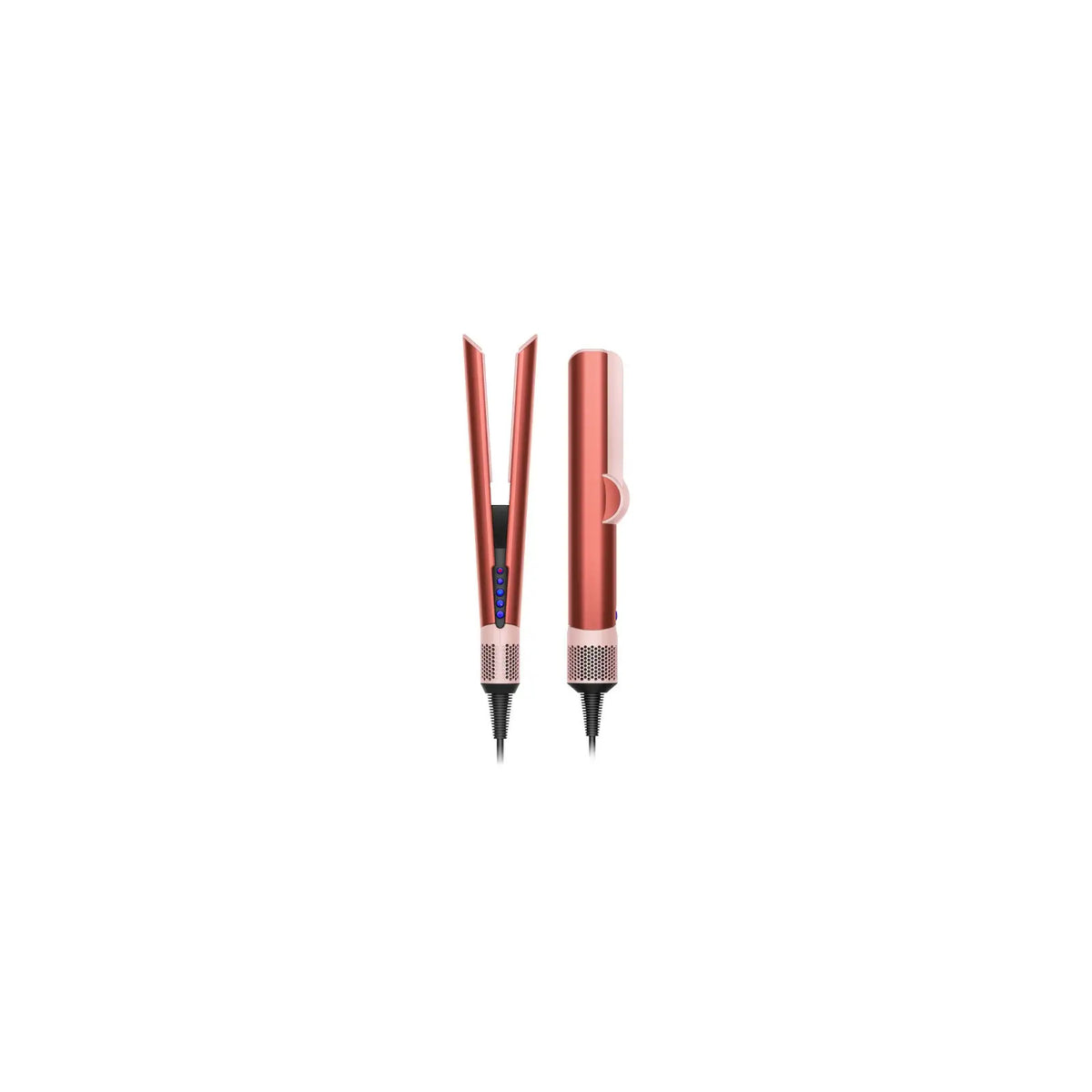 Dyson Airstrait hair straightener in Strawberry Bronze/Blush Pink, shown open in a V and in its closed position