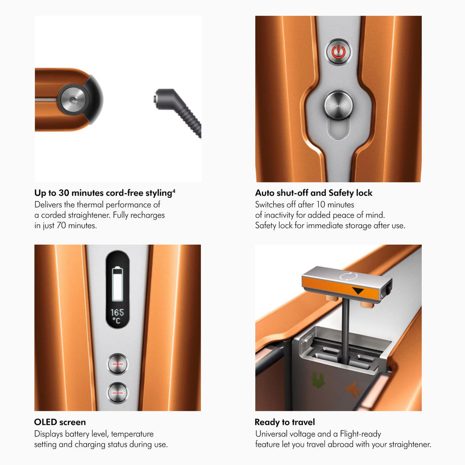 Dyson Corrale 413114-01 feature close-ups: cord-free charging, safety lock and power button, OLED screen and Flight-ready tag