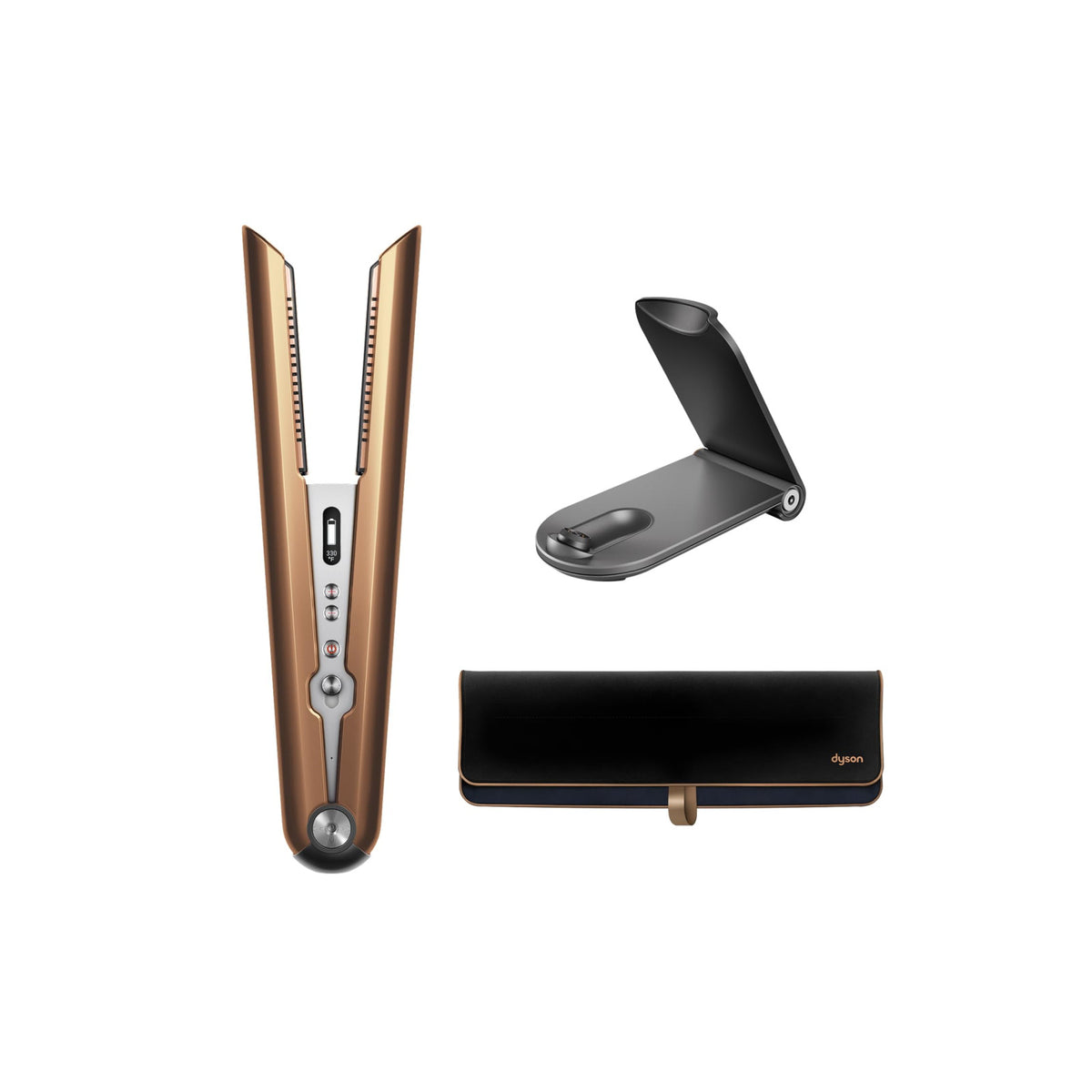 Dyson Corrale 413114-01 hair straightener in Bright Copper with travel Dok and black heat-resistant travel pouch