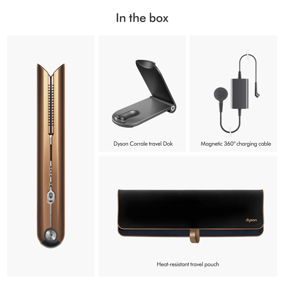 Dyson Corrale 413114-01 in the box: straightener, travel Dok, magnetic 360° charging cable and heat-resistant travel pouch