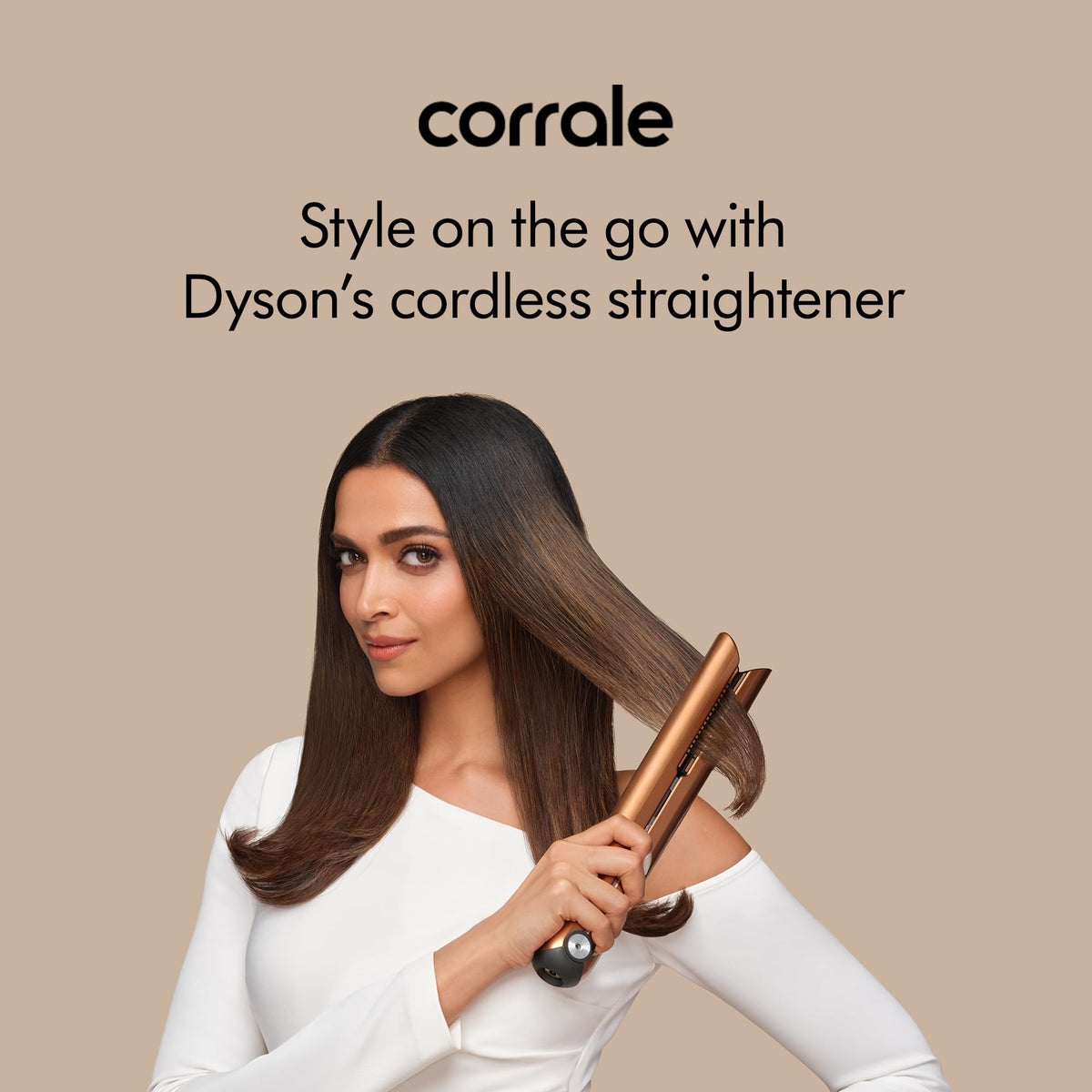 Model styling long straight hair with the Dyson Corrale 413114-01 cordless straightener, with corrale headline