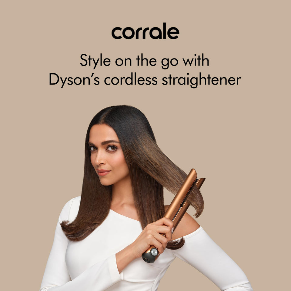 Model styling long straight hair with the Dyson Corrale 413114-01 cordless straightener, with corrale headline