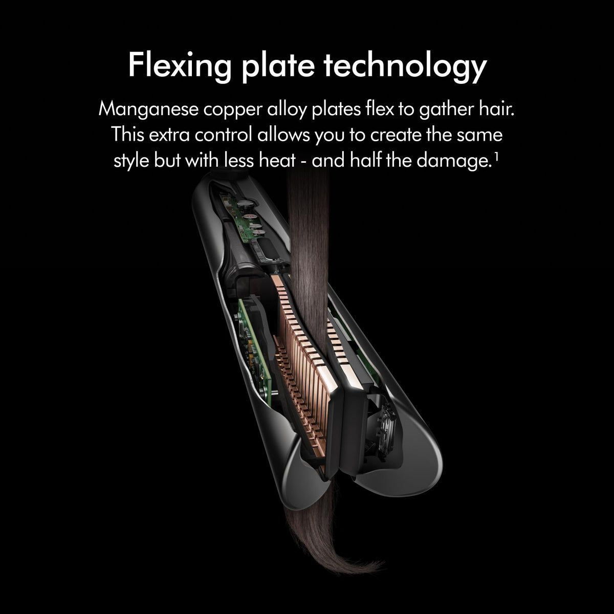 Cutaway of Dyson Corrale 413114-01 showing flexing manganese copper alloy plates gathering a section of hair