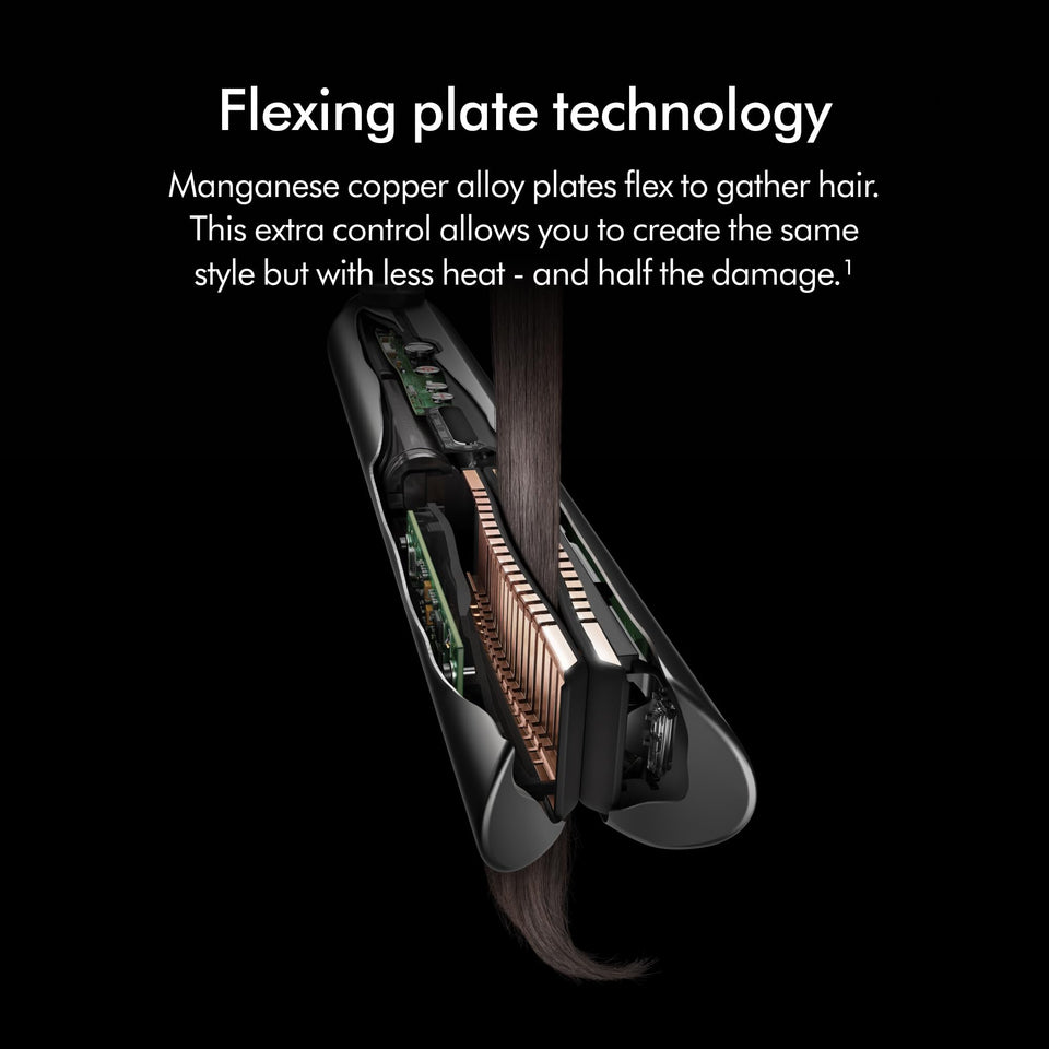 Cutaway of Dyson Corrale 413114-01 showing flexing manganese copper alloy plates gathering a section of hair