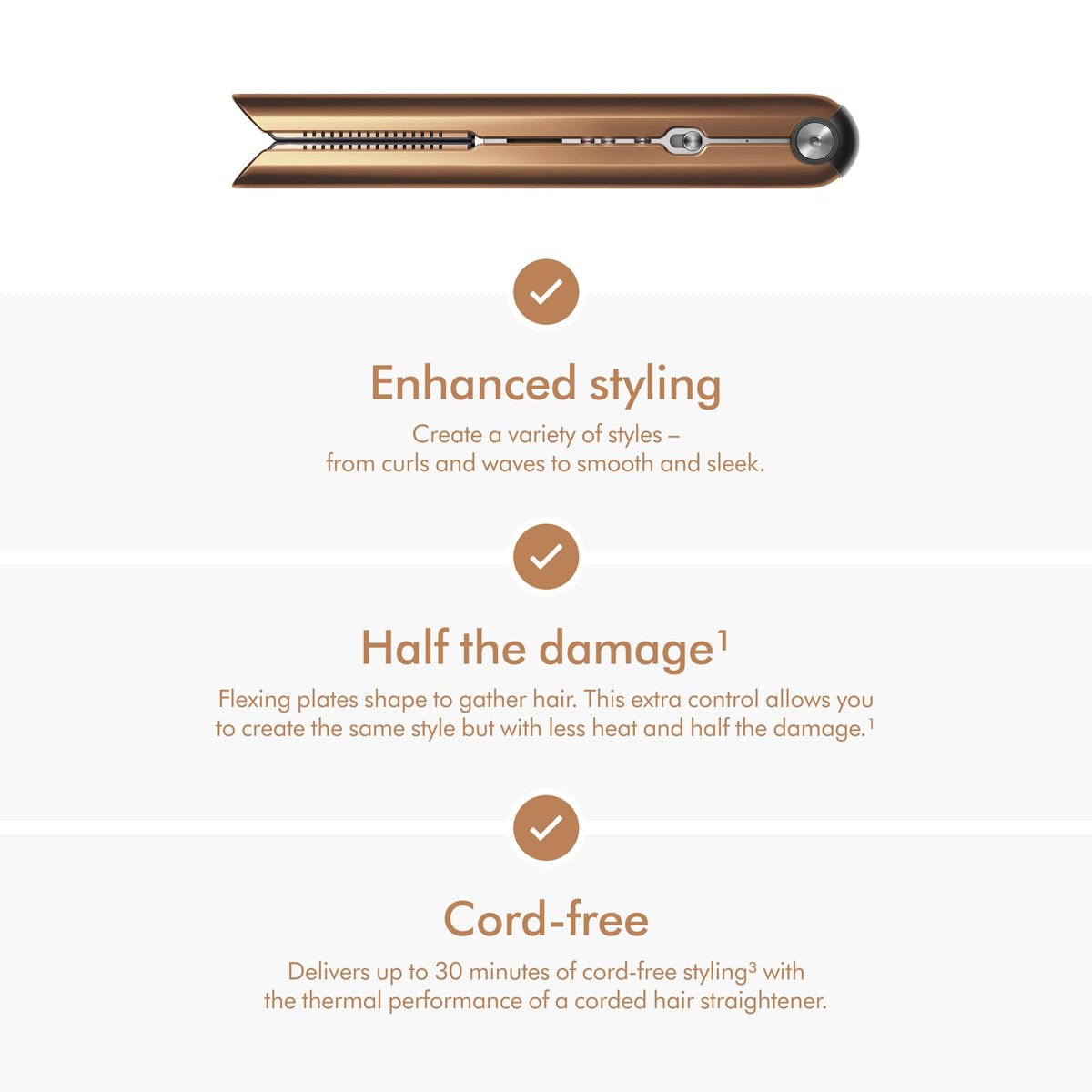 Dyson Corrale 413114-01 straightener laid horizontally with enhanced styling, half the damage and cord-free highlights