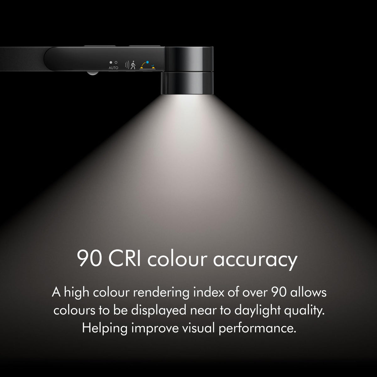 Dyson Solarcycle Morph CF06 optical head and arm controls casting a light cone, with 90 CRI colour accuracy text
