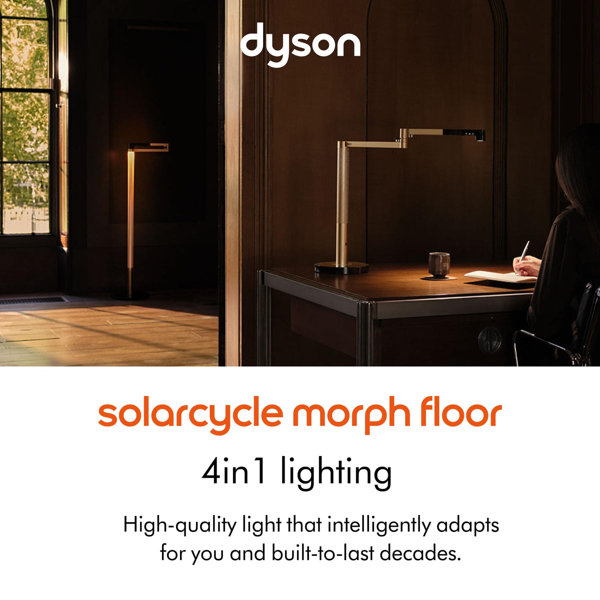 Dyson Solarcycle Morph CF06 floor light in gold finish beside a desk, with 4in1 lighting text
