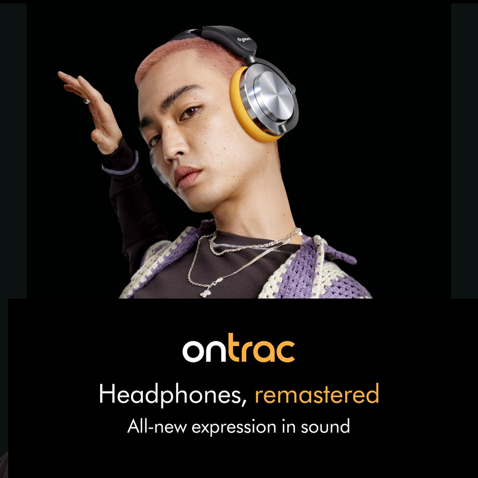 Person wearing Dyson OnTrac WP02 headphones with yellow cushions beside the text 'Headphones, remastered'