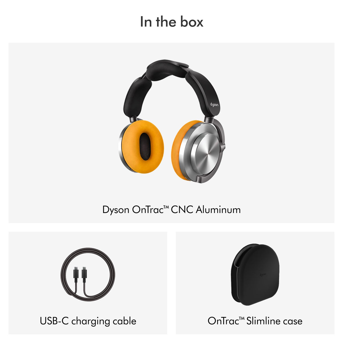 In the box: Dyson OnTrac WP02 Aluminium headphones, USB-C charging cable and OnTrac Slimline case