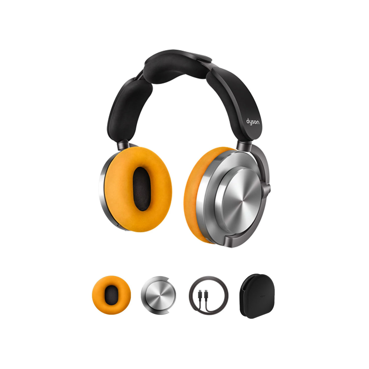 Dyson OnTrac 759557-01 WP02 Aluminium headphones with yellow ear cushions, shown with cushion, outer cap, USB-C cable and case below