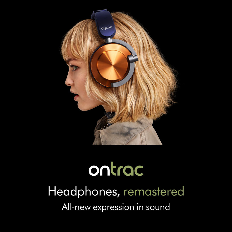 Woman wearing Dyson OnTrac 759558-01 Copper headphones in side profile with the text Headphones, remastered