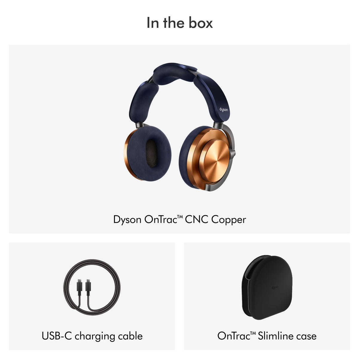 In the box: Dyson OnTrac 759558-01 CNC Copper headphones, USB-C charging cable and OnTrac Slimline case