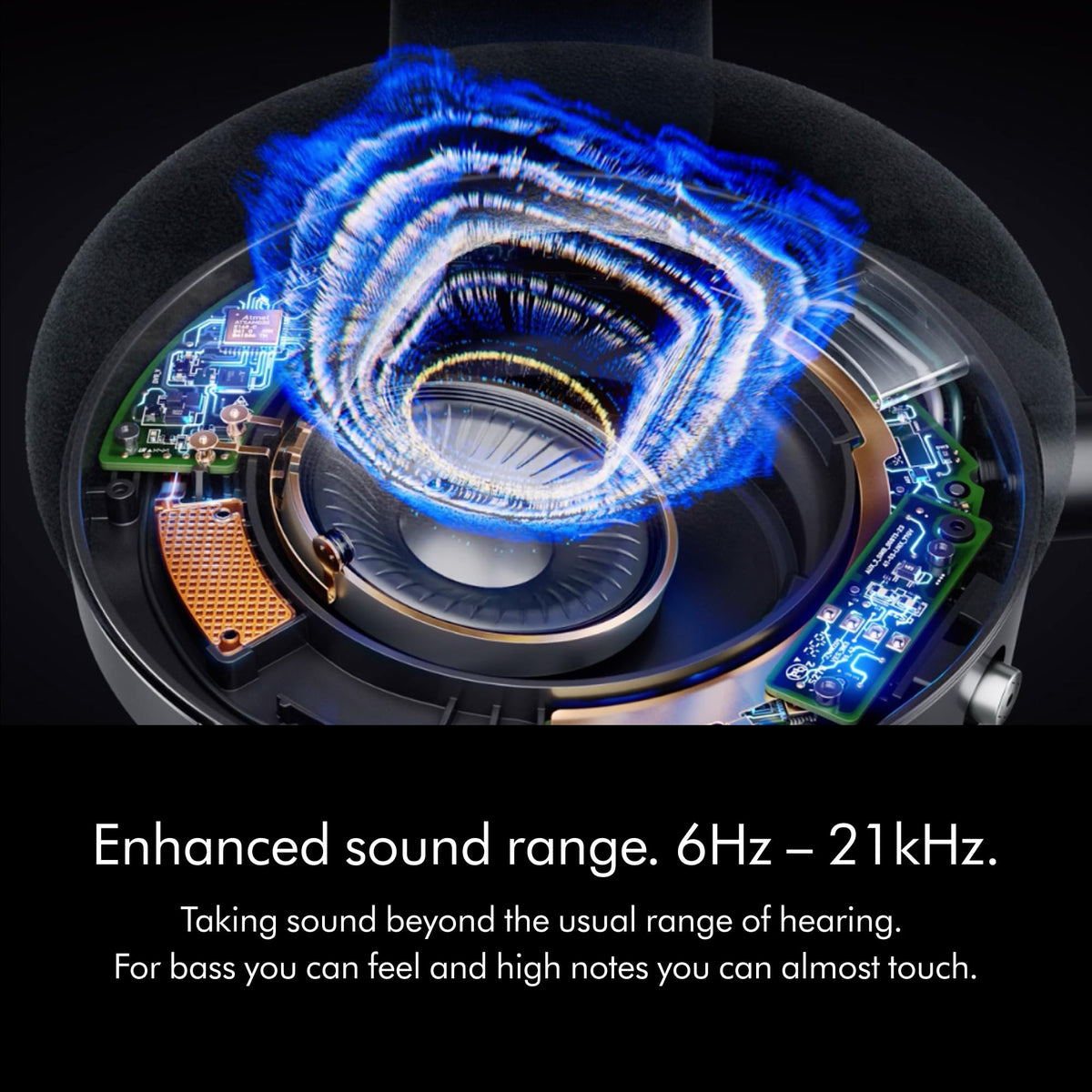 Cutaway of the Dyson OnTrac 759558-01 earcup showing the driver and circuitry with the 6Hz to 21kHz sound range