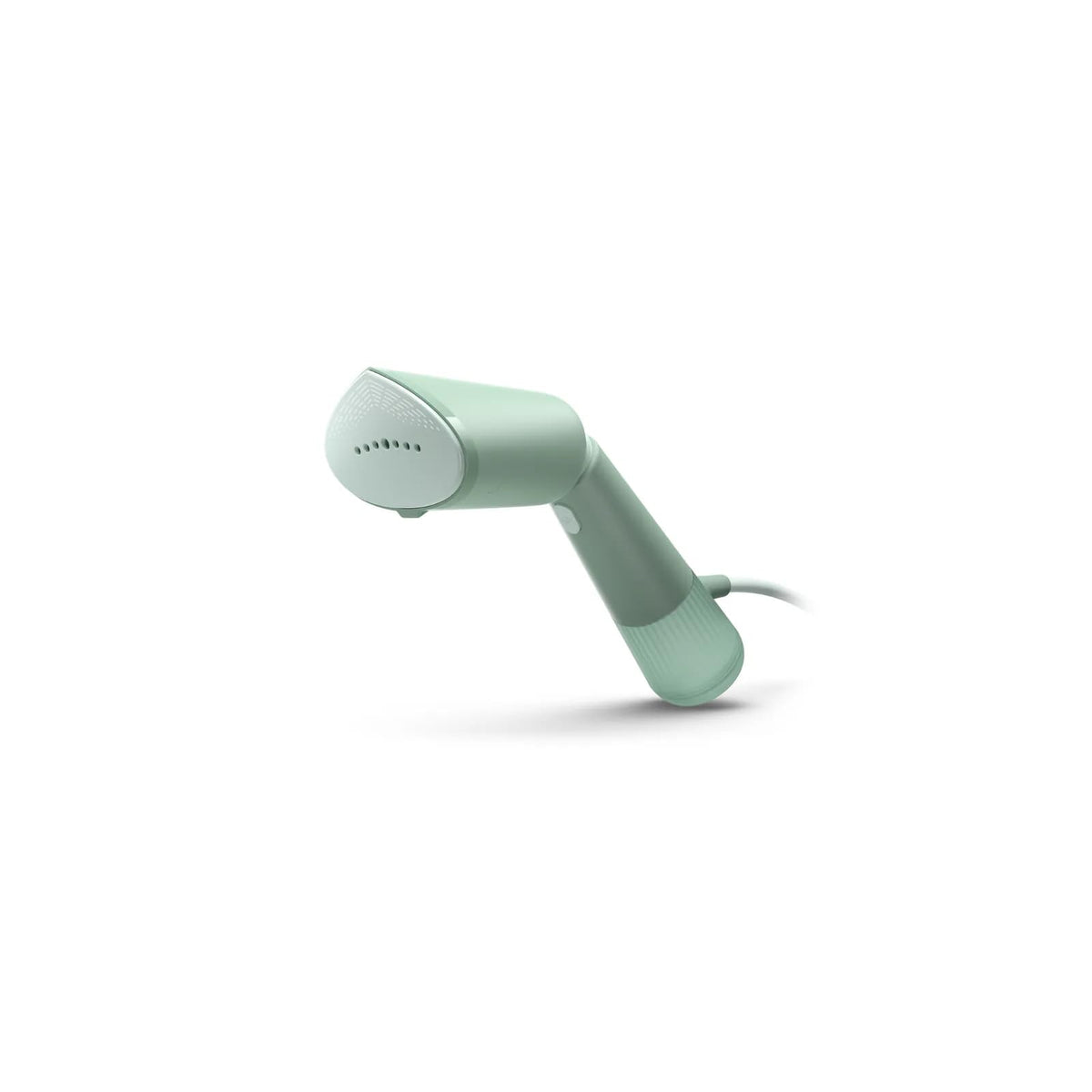 Philips STH5010/70 5000 Series handheld garment steamer in Desert Green, angled view showing the steam plate and cord