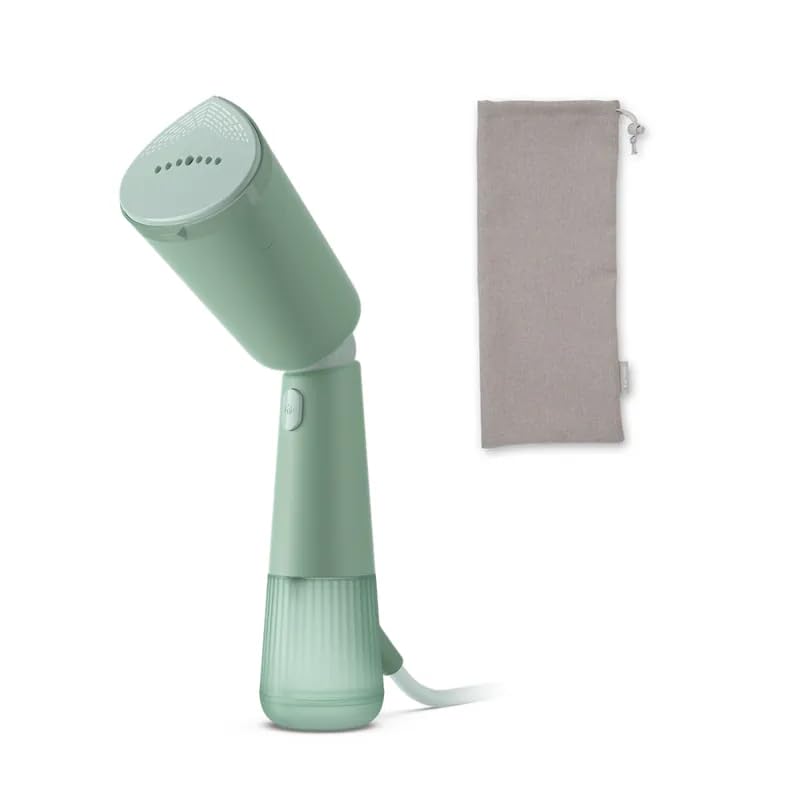 Philips STH5010/70 Desert Green handheld garment steamer with its grey reusable storage pouch