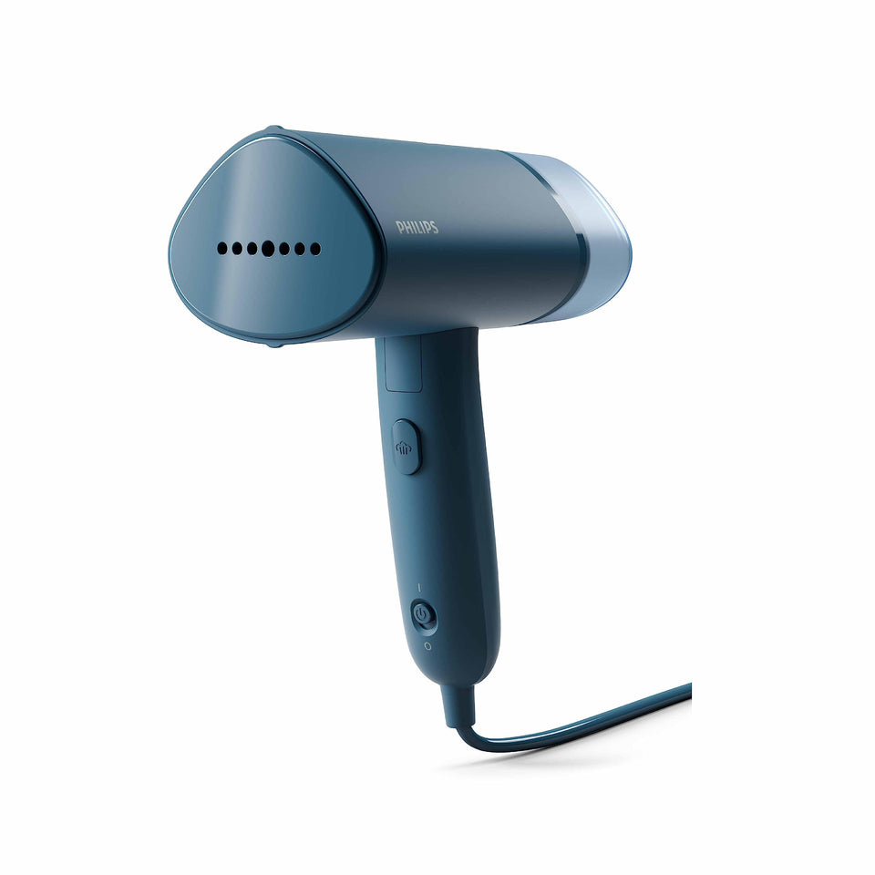 Philips STH3000/20 handheld garment steamer in Reno Blue with steam plate, steam button, power switch and cord