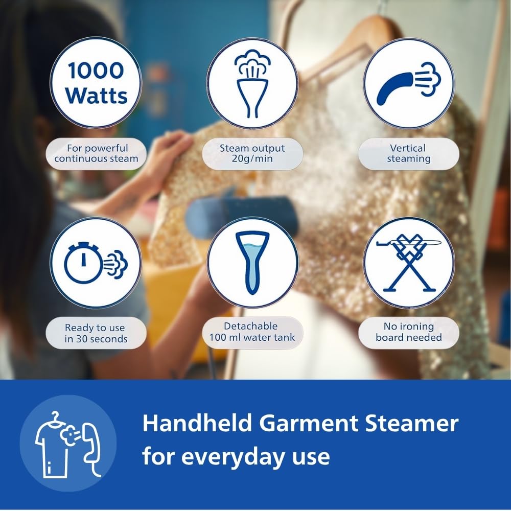 Philips STH3000/20 steamer feature icons: 1000 W, 20 g/min steam, vertical steaming, 30-second heat-up, 100 ml tank, no ironing board
