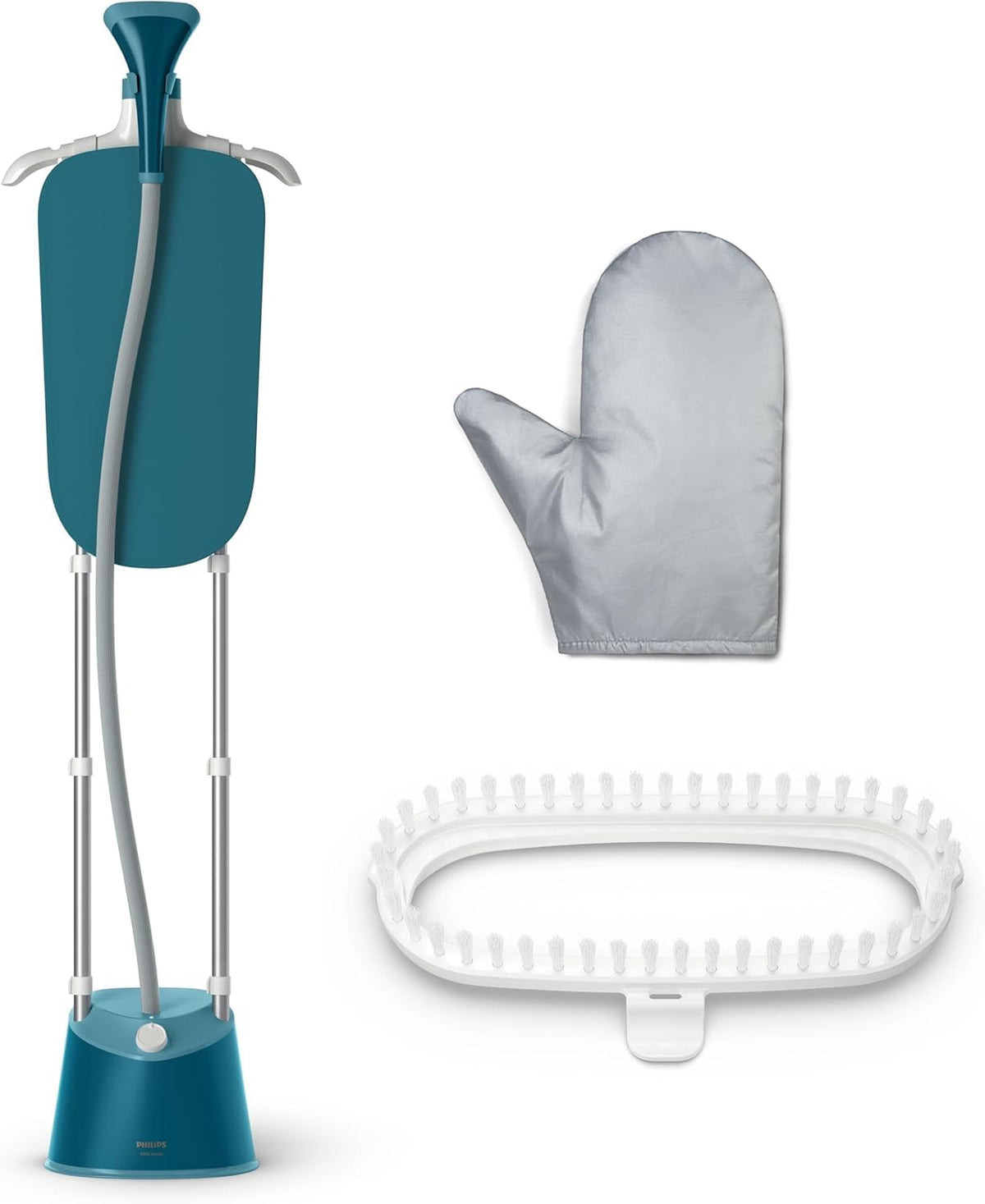 Philips STE1030/20 Azur garment steamer with garment board, shown with a glove and a brush attachment