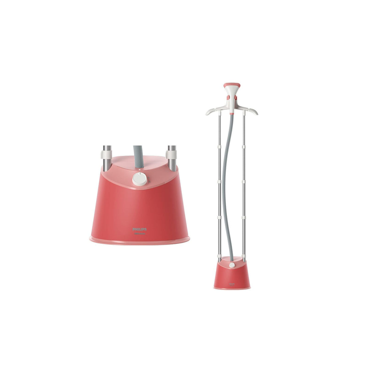 Philips STE1020/40 Soft Red standing garment steamer shown as a close-up of the base and a full-length view with hanger, poles and hose