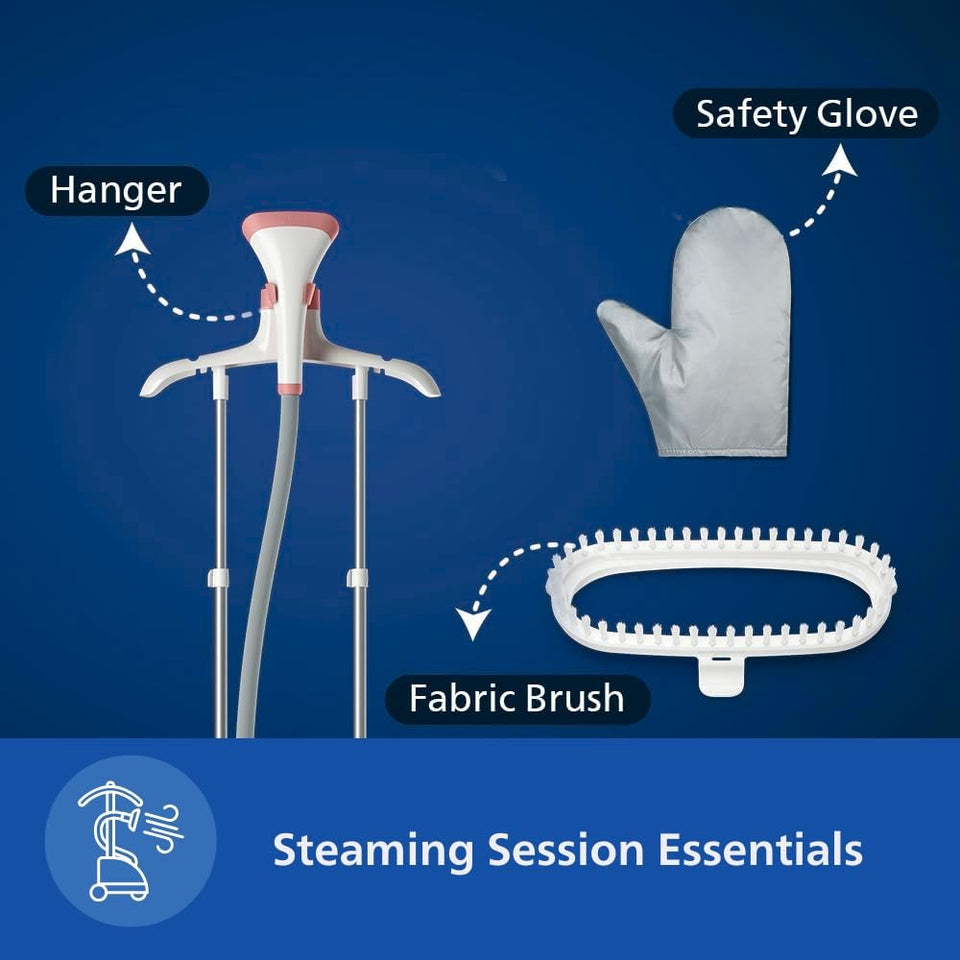 Philips STE1020/40 garment steamer with its hanger, safety glove and fabric brush labelled