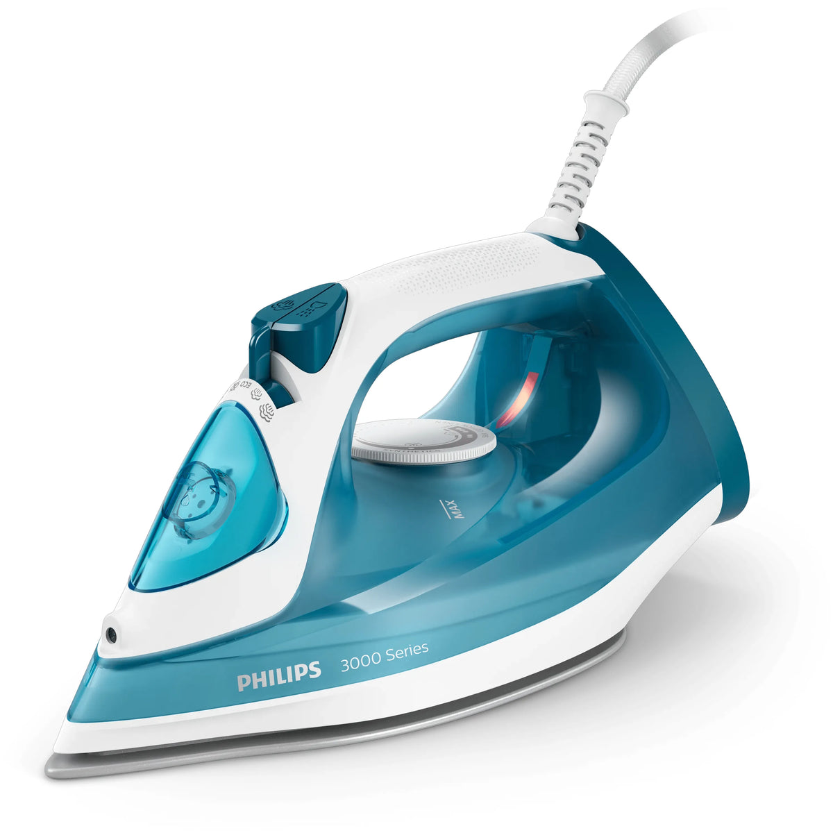 Philips DST3011/20 3000 Series blue and white steam iron, side view with water tank, temperature dial and steam controls