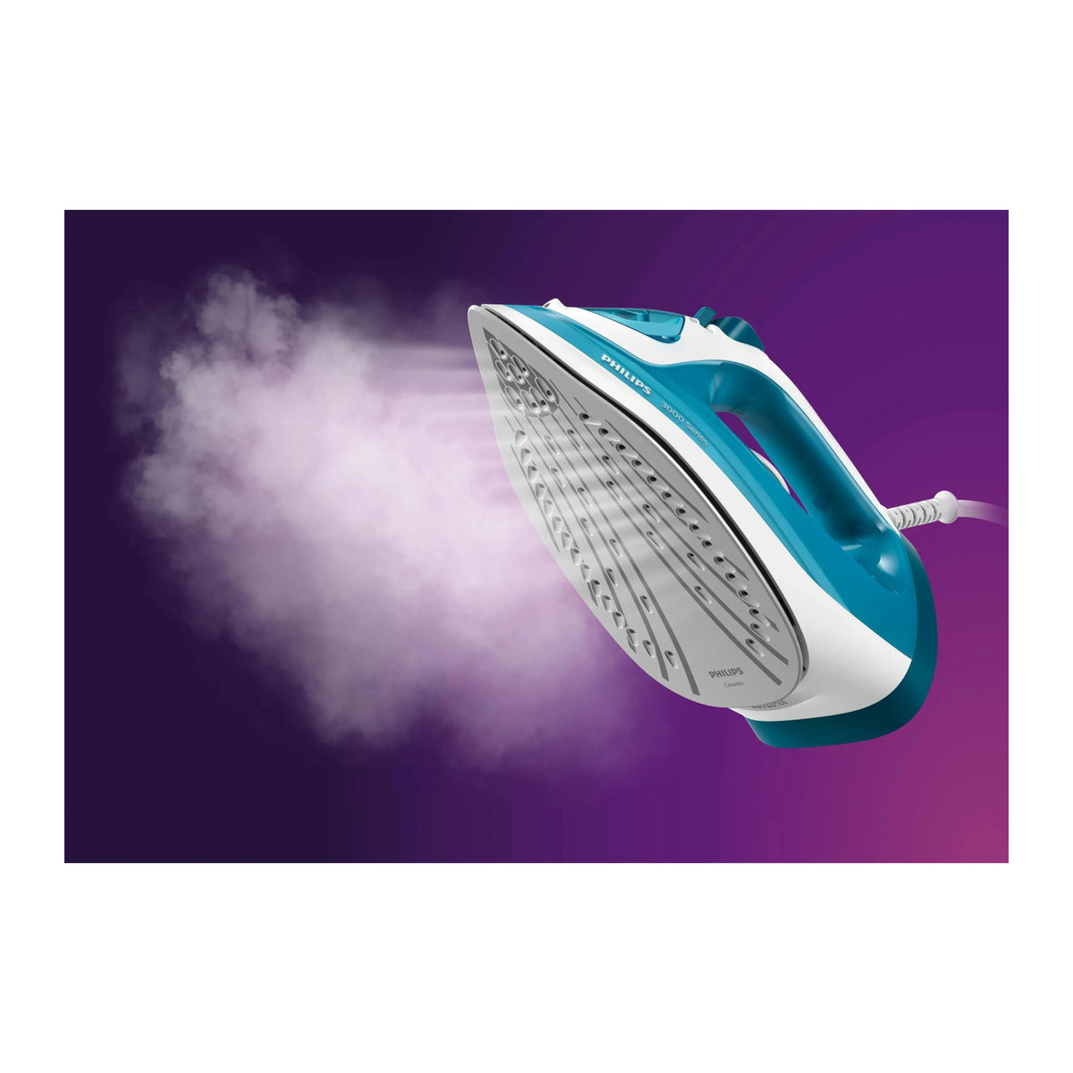 Philips DST3011/20 3000 Series steam iron shown from below with its ceramic soleplate and a cloud of steam on a purple background